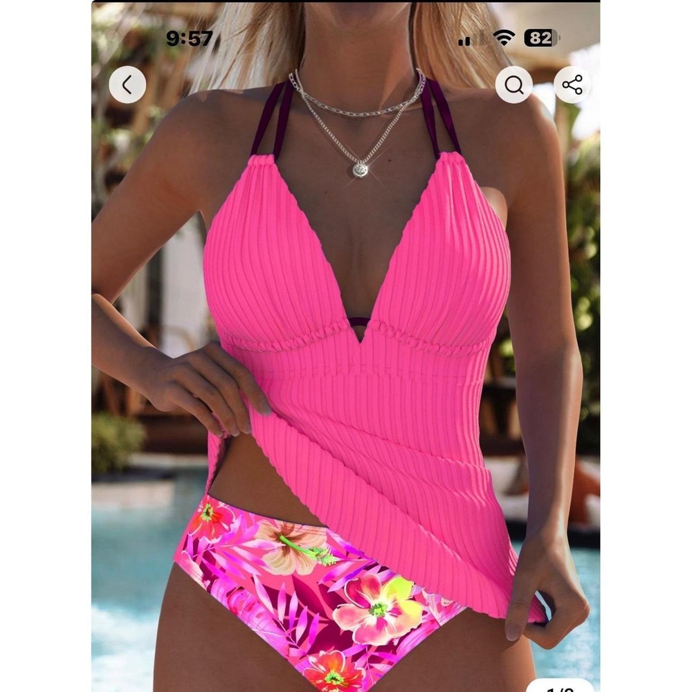 Pink Ribbed Tankini Set Tropical Floral Print Two Piece Swimsuit Halter Top